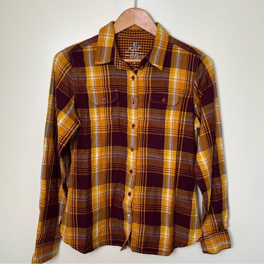 Kuhl Button Up Shirt Women’s S Yellow/Brown Plaid Flannel Spread Collar gorpcore